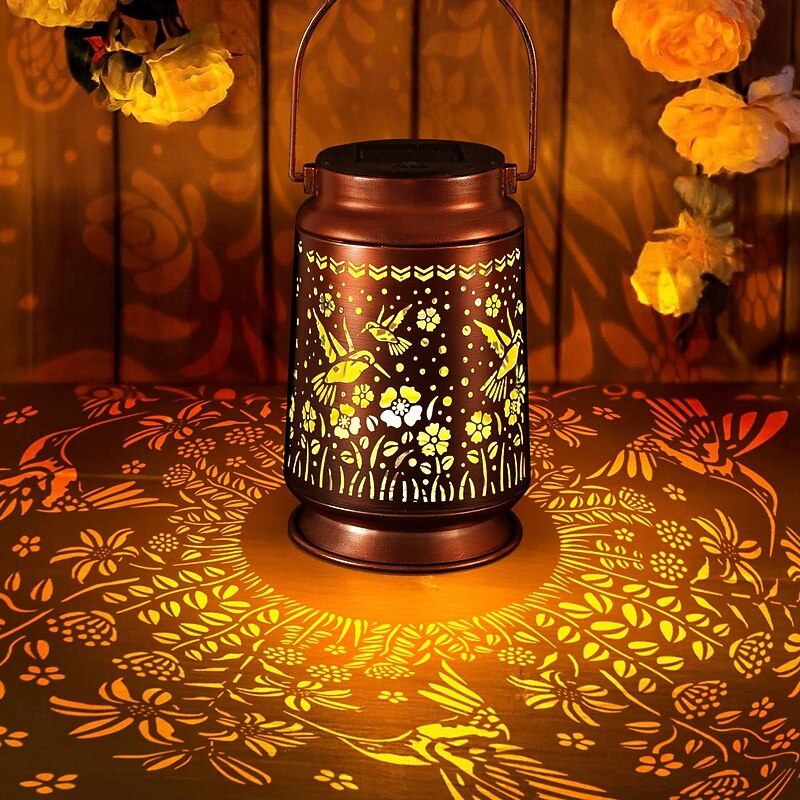 1 Pc Outdoor Solar Lanterns Waterproof Metal Hollow Projection Light Hanging Lantern Courtyard Garden Lawn Path Villa Decorative Light Landscape Light