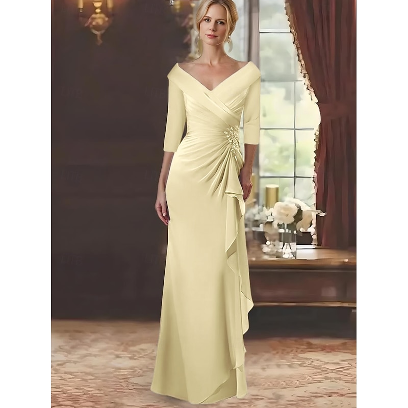 A-Line Mother of the Bride Dress Elegant V Neck Floor Length Chiffon Lace Long Sleeve with Cascading Ruffles4