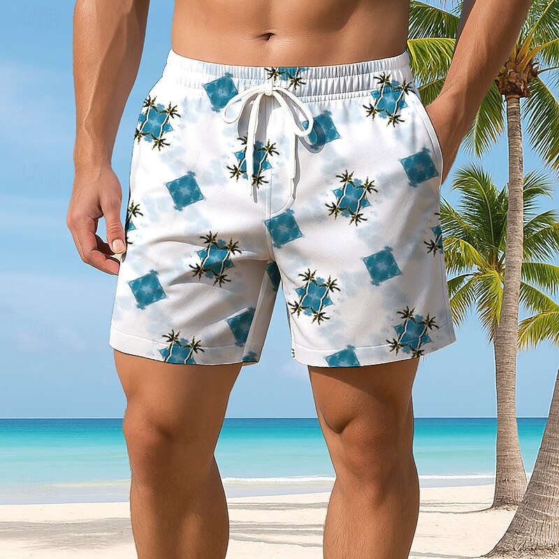 Men's Geometric Grid / Plaid Swim Trunks Swim Shorts Board Shorts Mid Waist Casual Outdoor Vacation Dailywear Side Pockets Mesh Lining Elastic Drawstring Waist Designer Clothing Apparel2