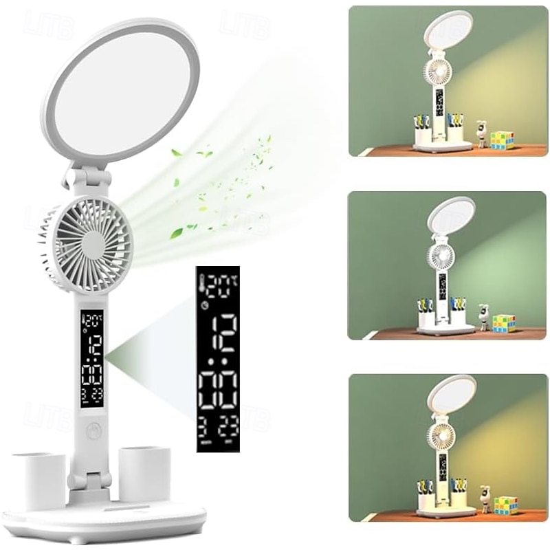 LED Desk Lamp with Fan Desk Lamp for College Dorm Room 3 Color Temperature USB Charging Port Adjustable Foldable Desk Light with Clock Date Pen case Temperature Lamp for Home Office