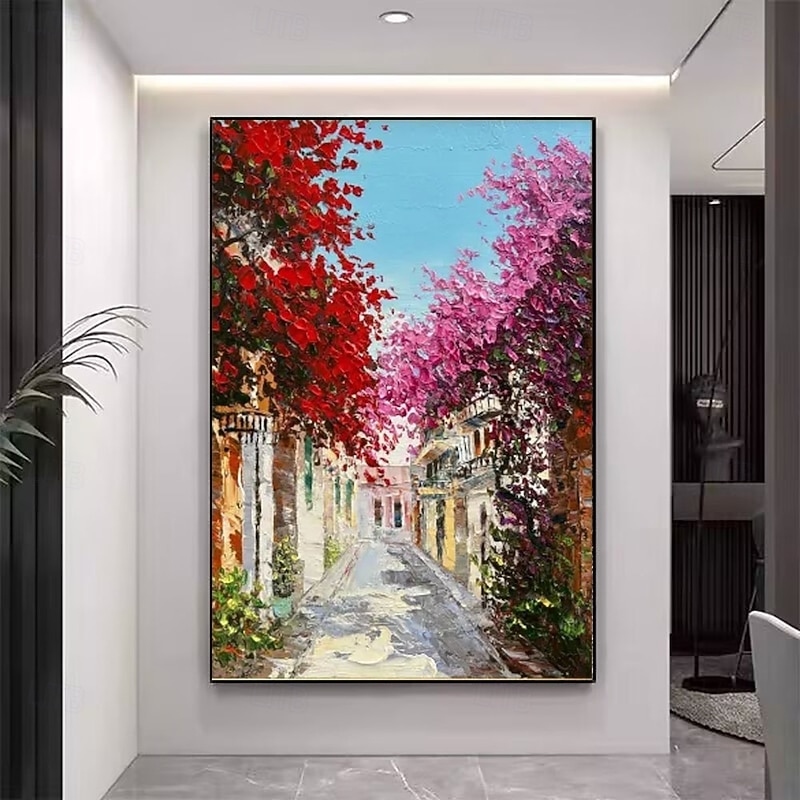 Hand-Painted Mediterranean Alley Oil Painting - Blooming Bougainvillea  Golden forest oil painting handmade autumn oil painting landscape paintings  Wall Art for Living Room Decor4