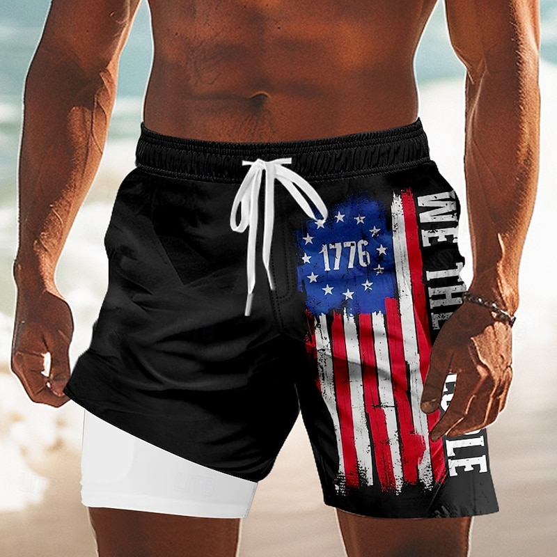 Independence Day Men's US Flag Patriotic Fourth of July Lined Shorts 2 in 1 Board Shorts Swim Shorts Mid Waist Holiday Side Pockets With Compression Liner Elastic Drawstring Waist Designer Clothing