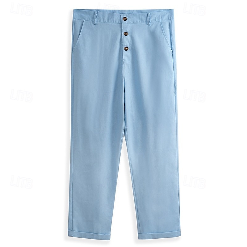Men's Linen Pants Trousers Summer Pants Beach Pants Front Pocket Straight Leg Plain Comfort Breathable Full Length Outdoor Business Daily Vacation Fashion White+khaki Khaki+Black Inelastic3