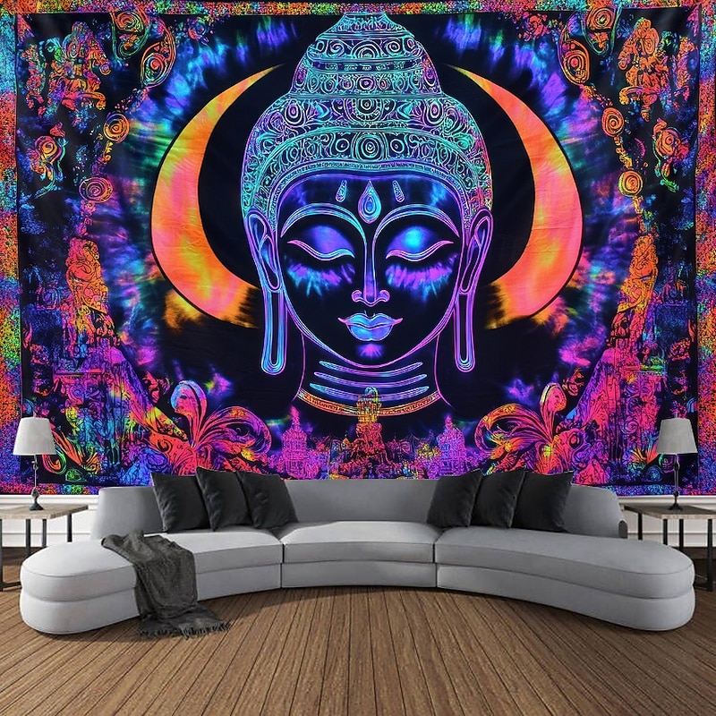 Buddha Blacklight Tapestry Glow in the Dark Glow Party UV Reactive Boho Trippy Misty Religious Hanging Tapestry Wall Art Mural for Living Room Bedroom