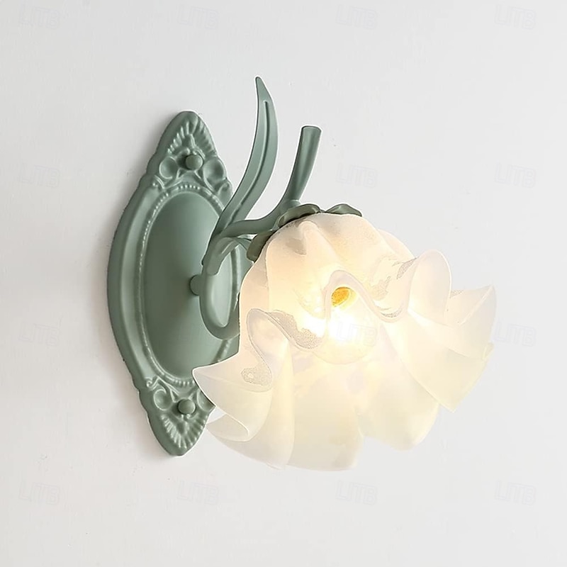 Nordic Modern Green Wall Light Cute White Ceramic Shape Glass Flower Wall Sconces Country Farmhouse Rustic Wall Mounted Lamp for Bedside Kids Bedroom Porch Living Room Hotel