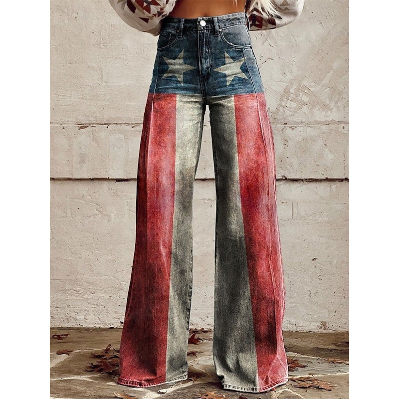 Retro Vintage 1970s Pants Wide Legged Pants Hippie Disco High Waist Stars USA Flag Faux Jeans Style Fancy Dress Women's 4th of July Mexico's Independence Day Casual Daily Music Festival Retro Theme