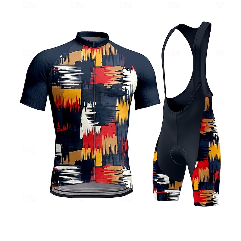 Men's Cycling Jersey with Bib Shorts Short Sleeve Navy Blue Bike Sports Graphic Plaid Checkered Camo / Camouflage Clothing Apparel
