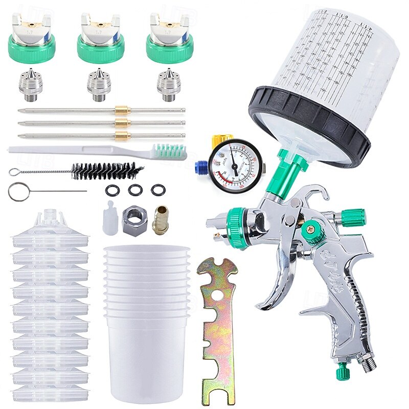 Pneumatic Spray Gun Automotive High Atomization Spray Gun 10 Leave-in Pots Pressure Regulator Paint Spraying Tool 1.4/1 7/2.0mm2