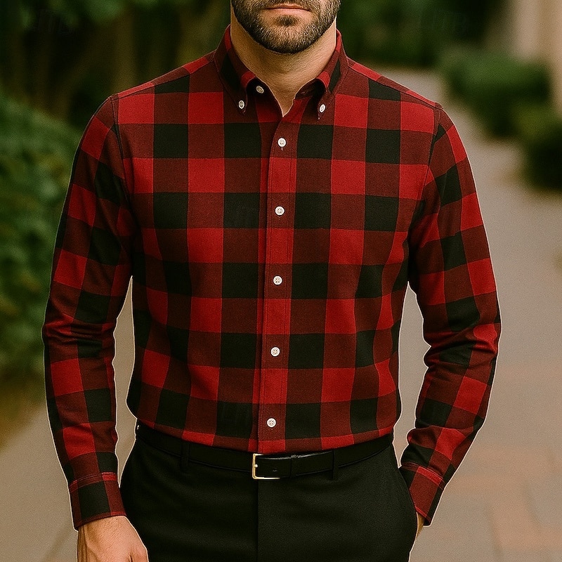 Men's Shirt Summer Shirt Casual Shirt Beach Shirt Button Up Shirt Black White Red Brown Long Sleeve Plaid Lapel Vacation Hawaiian Clothing Apparel Polyester Fashion Casual Comfortable3