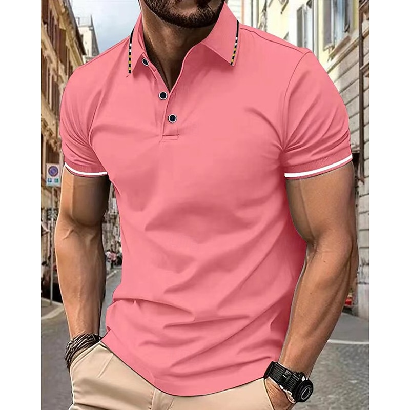 Men's Polo Golf Shirt Street Casual Lapel Short Sleeve Fashion Modern Color Block Buttons Summer Black White Pink Wine Navy Blue Royal Blue Polo