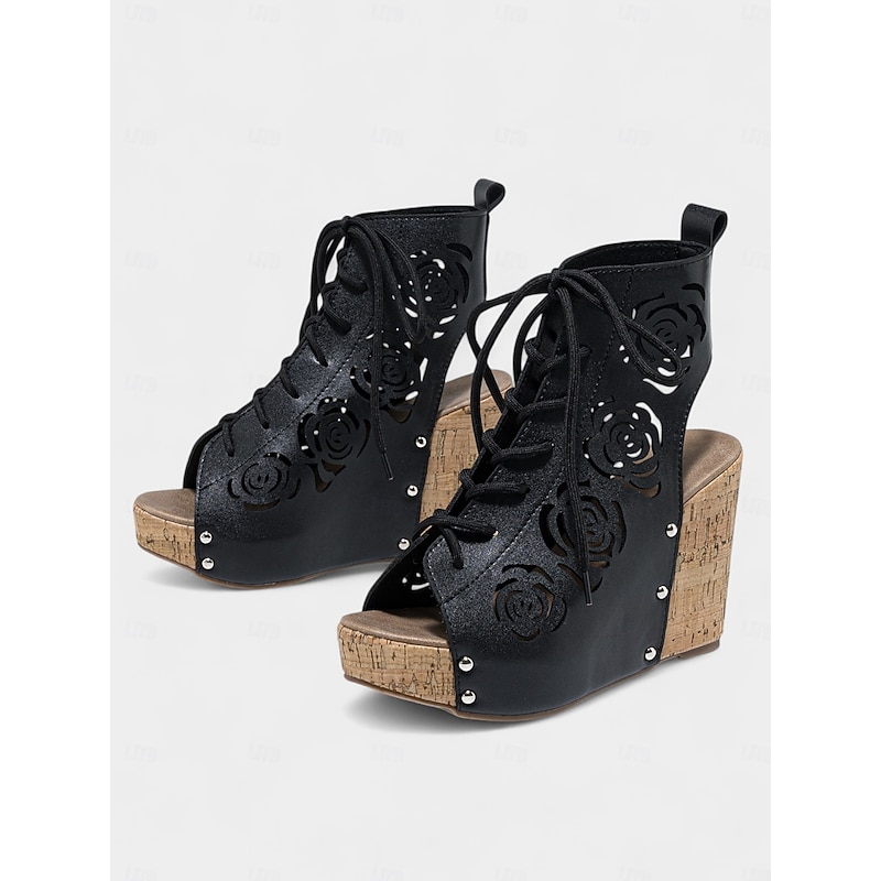 Women's Black Floral Cutout Lace-Up Wedge Sandals – Boho Festival Platform Shoes for Outdoor Events