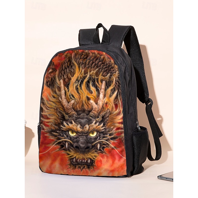 Men's 3-Piece Dragon Backpack Set with Flame Print - Durable School Bag, Insulated Lunch Bag and Pencil Bag for Teens Back to School and Fantasy Style Lovers Kayomi Harai3