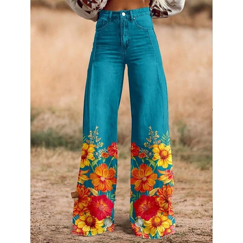 Retro Vintage Boho 1970s Pants Wide Legged Pants Hippie Disco High Waist Floral Faux Jeans Style Fancy Dress Women's Carnival Casual Daily Music Festival Retro Theme Party Adults' Pants