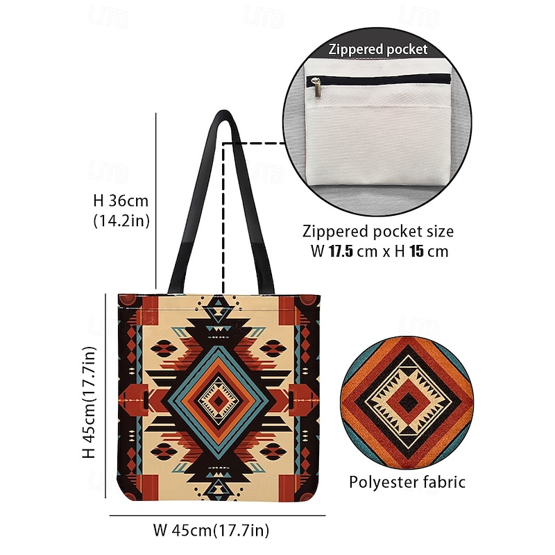 Women's Large Printed Tote Bag with Zipper Pocket, Bohemian Tribal Pattern, Durable Polyester Shoulder Bag for Travel, Shopping and Daily Use3