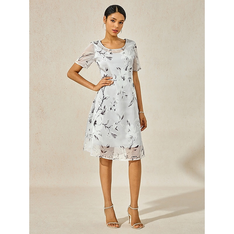 Women's Elegant Chiffon Dress Floral Mesh Print Crew Neck Midi Dress Daily Vacation Short Sleeve Summer Spring2