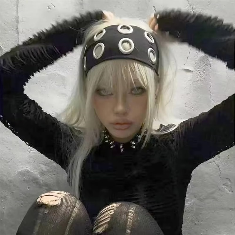 Women Hollow Out Eyelets Elastic Headband Y2k Girls Punk Grunge Wide Hairbands Stretchy Casual Hair Accessory4
