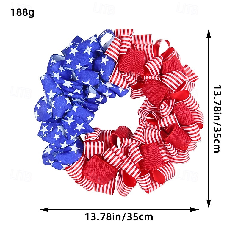 Patriotic Wreath for Front Door 4th of July Independence Day Red White and Blue Decoration, American Flag Ribbon Faux Burlap Vine Ring, Rustic Wall Hanging for Party Window or Door Decor2