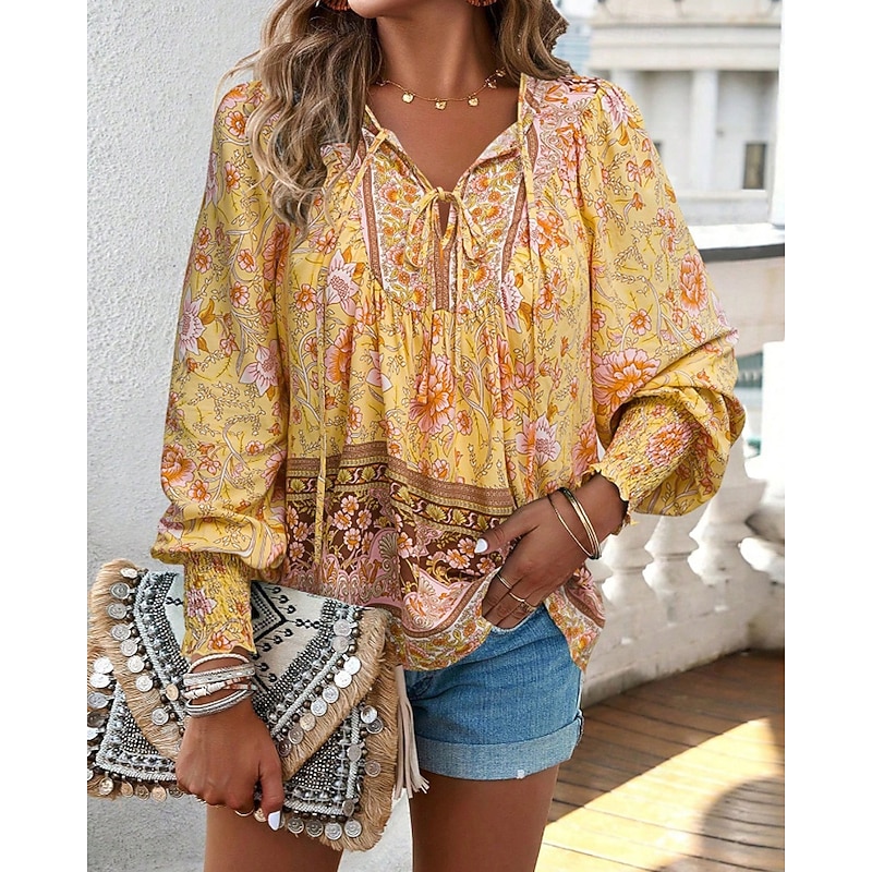 Women's Boho Shirt Blouse Flower Modern Boho Long Sleeve V Neck Regular Tops Daily Going out Print Yellow Pink Navy Blue Blue Orange Summer