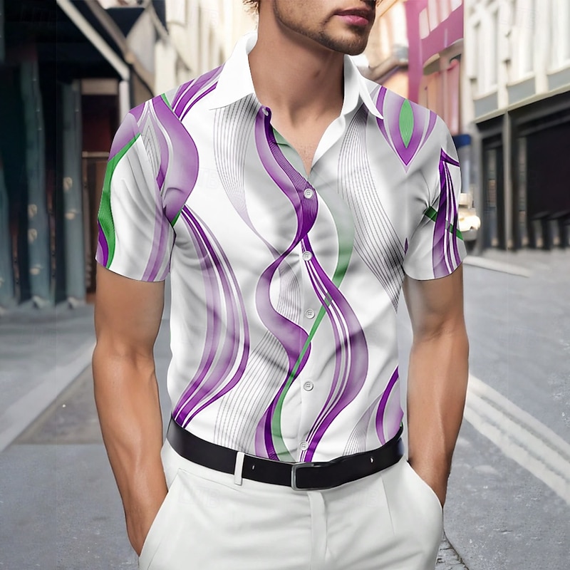 Men's Geometric Gradient Waves Shirt Summer Shirt Button Up Shirt Short Sleeve Fashion Casual Outdoor Vacation Dailywear Summer Spring Turndown 3D Print Collared Shirts Blue Purple Brown2