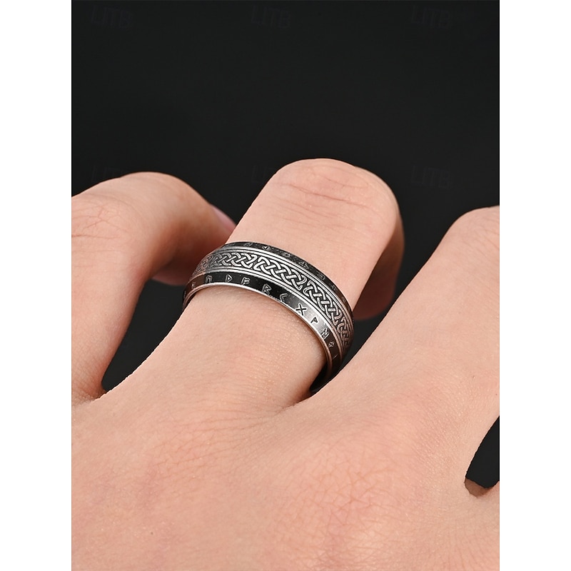 Men's Viking Stainless Steel Ring with Nordic Runes and Celtic Knot Design, Vintage Norse Style Band for Bikers and Cosplay3