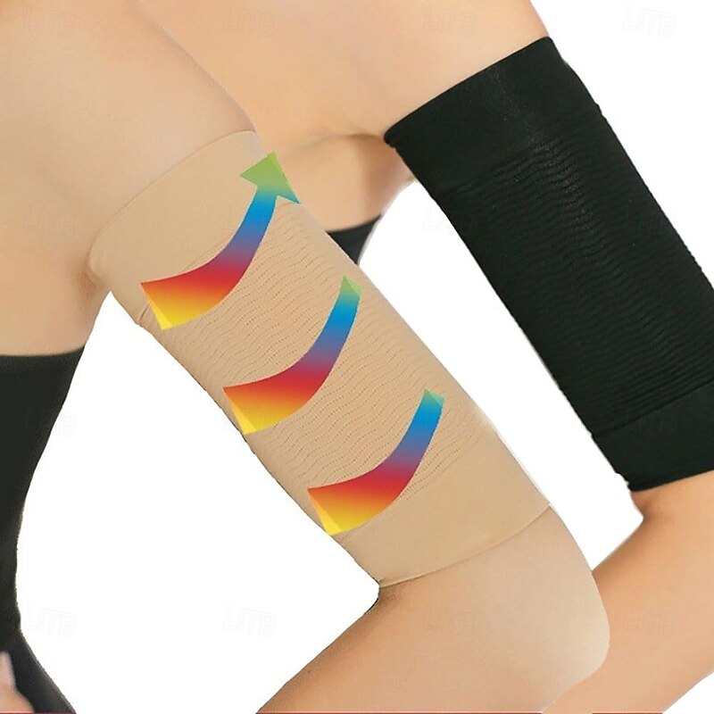 2 Pair Beauty Women Weight Loss Calories Slimming Arm Shaper Massager Lose Buster Wrap Belt Slimming Compression Arm Shaper Helps Tone Shape Upper Arms Sleeve, Black + Flesh Color
