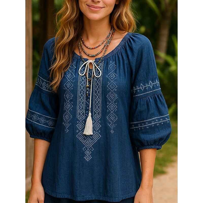 Women's Blouse Solid Color Vintage Ethnic Casual 3/4 Length Sleeve Crew Neck Regular Tops Daily Ruched Embroidered Print Navy Blue Summer