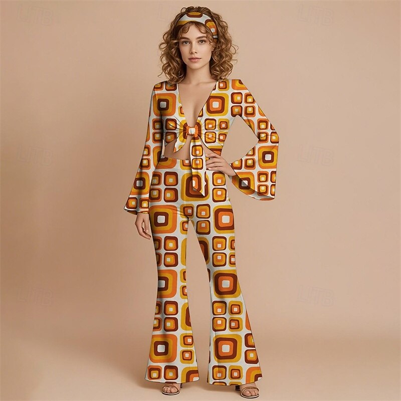Retro Vintage 1970s Groovy Tie Front Flared Pants Set Hippie Disco Geometic Psychedelic Fancy Dress Women's Halloween Carnival Vacation Music Festival Festival Adults' Top Pants Headband4