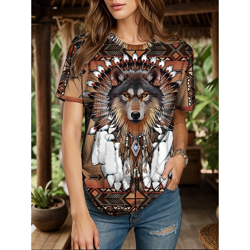 Women's T Shirt Graphic Animal Geometric Vintage Stylish Classic Short Sleeve Crew Neck Round Neck Regular Tops Daily Weekend Print Yellow Red Blue Purple Green Summer Spring