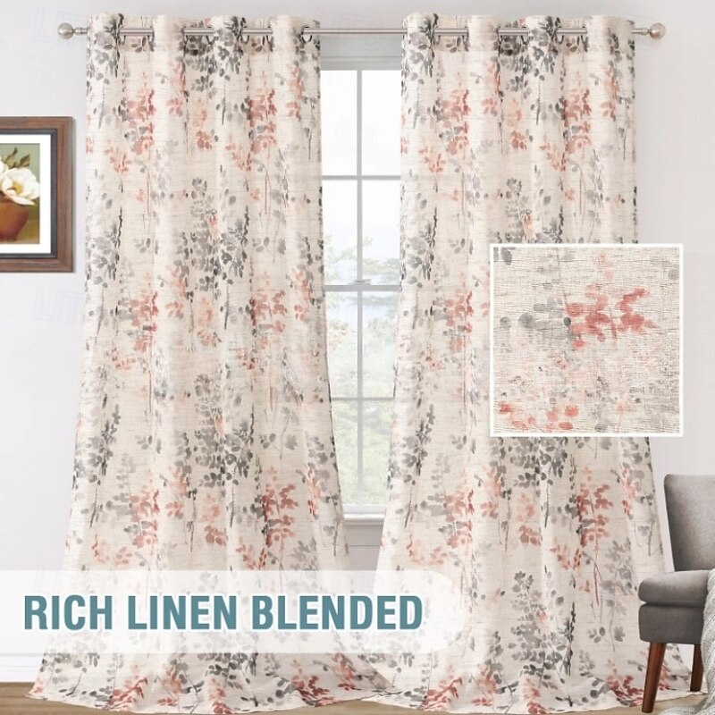 Sheer Linen Curtains Semi Sheer Curtains Draperies for Living Room/Bedroom Vintage Classical Floral Printing Window Treatment Grommet 2 Panels, Coral and Taupe