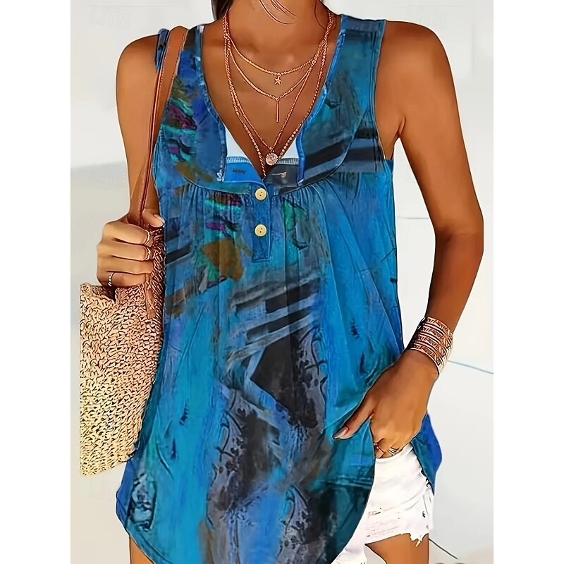 Women's Summer Tops Vintage Sleeveless Sleeveless Shirt Collar Long Tops Daily Blue Orange Summer3