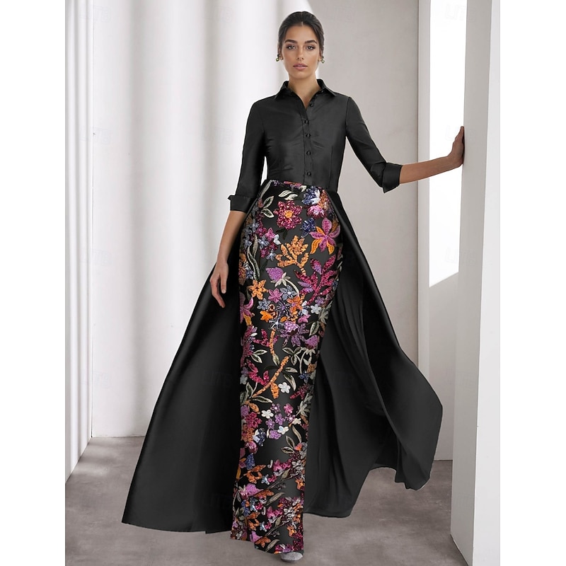 Black Tie Mother of the Bride A-Line Evening Gown Elegant Dress Formal Wedding Guest Floor Length Long Sleeve Shirt Collar Satin with Slit Embroidery Appliques2