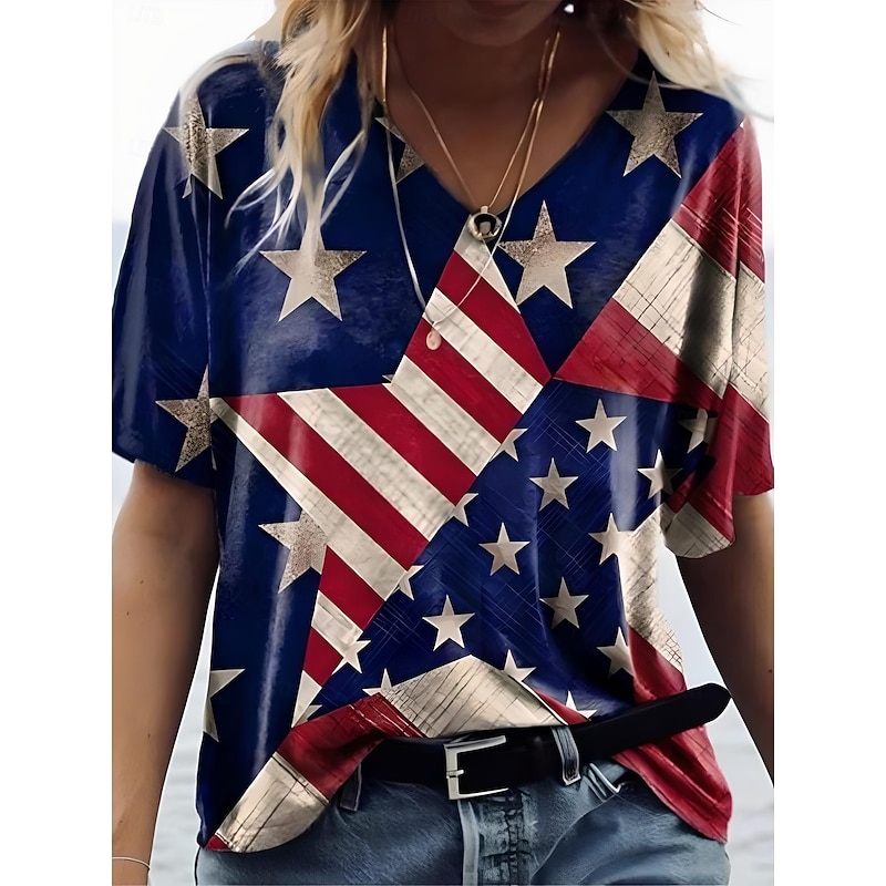 Women's Patriotic  T Shirt Graphic American Flag Vintage Stylish Classic Short Sleeve V Neck Regular Tops Daily Weekend Print White Blue Summer Spring2