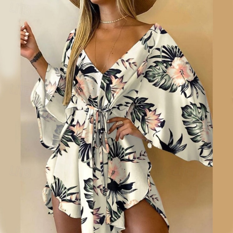 Women's Mini Dress Floral Dress Print Dress Fashion Modern Outdoor Vacation Holiday Regular Fit Flower Long Sleeve V Neck Black And White Yellow Light Green Pink Summer2