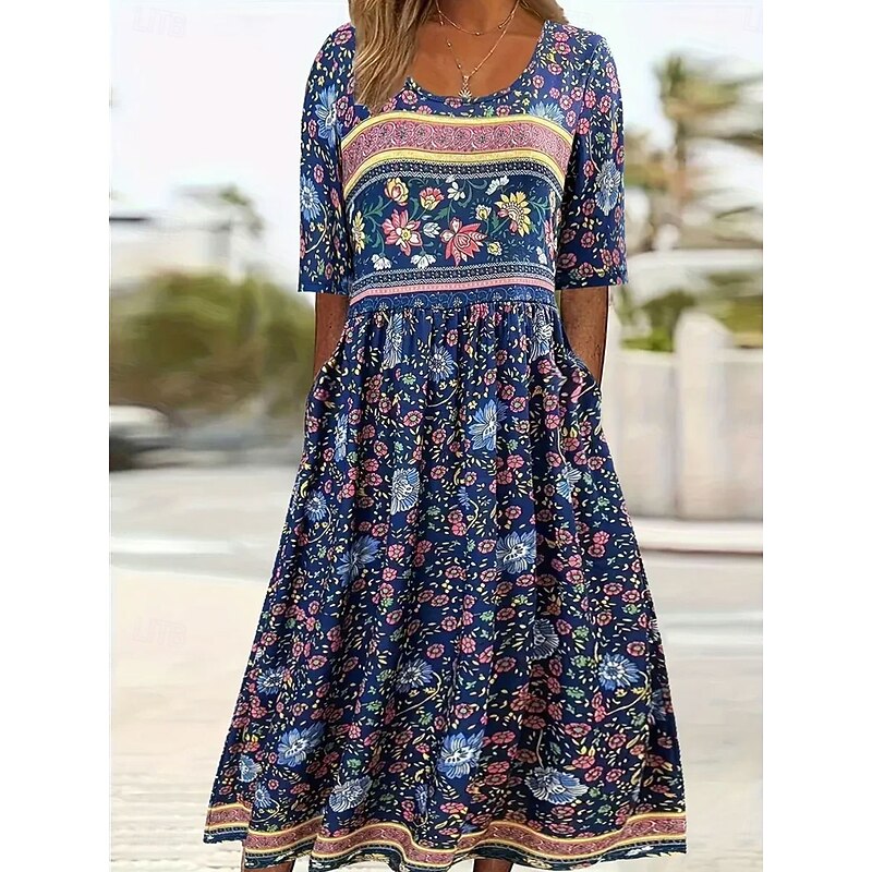 Women's Midi Dress Summer Dress Pleated Dress Vacation Casual Beach Daily Holiday Loose Fit Floral Graphic Short Sleeve Crew Neck Navy Blue Summer