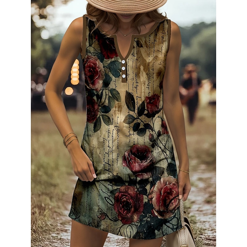 Women's Mini Dress Sundress Shift Dress Off The Shoulder Dress Vacation Casual Going out Regular Fit Floral Graphic Letter Sleeveless V Neck Red Blue Purple Green Summer Spring