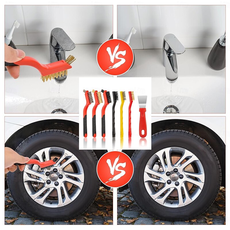 6 Pieces Wire Brush with 1 Pc Scraper Set - Small Stainless Steel  Brass and Nylon Brushes for Paint & Dirt Removal  Rust and Metal Cleaning - for Kitchen  Workshop and Small Deep Cleaning Tasks4