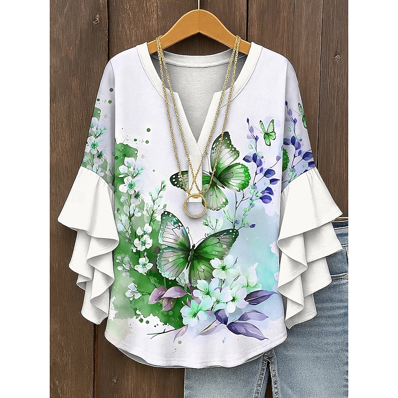 Women's Blouse V Neck Layered Ruffle Sleeve Tops Floral Graphic Butterfly Bohemia Vintage Tropical 3/4 Length Sleeve Regular Tops Daily Holiday Vacation Wear Print Yellow Red Blue Purple Green Summer4
