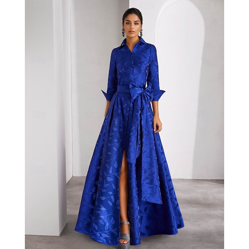 A-Line Mother of the Bride Evening Gown Elegant Dress Formal Wedding Floor Length 3/4 Length Sleeve Shirt Collar Pocket Satin with Floral Print Bow(s) Slit Wedding Guest Dress