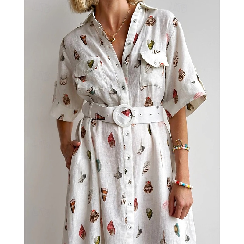 Women's Long Dress Maxi Dress Cotton Linen Dresses Casual Dress Fashion Outdoor Party Holiday Regular Fit Painting Half Sleeve Shirt Collar White Summer2