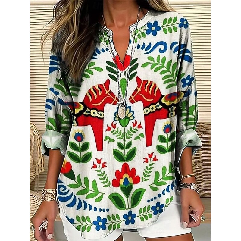 Women's Blouse Tunic V Neck Long Sleeve Boho Casual Tops Floral Graphic Elegant Stylish Regular Tops Daily Print Blue Green
