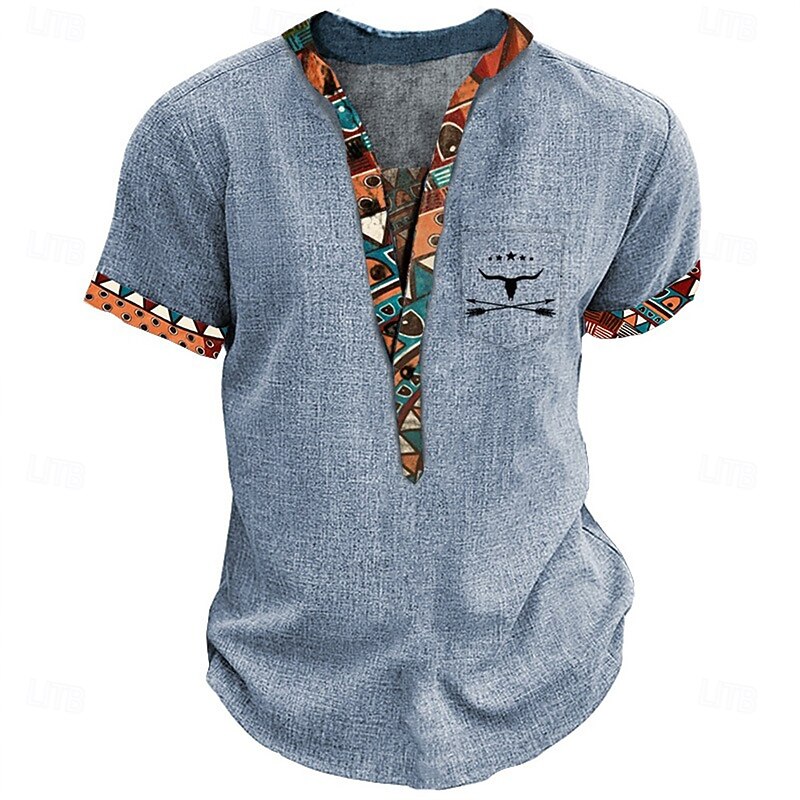 Men's Tribal Ethnic T Shirt Henley Shirt Tee Short Sleeve Designer Cultural Basic Outdoor Casual Daily Summer Light Blue Khaki Light Grey Henley Henley T-Shirt