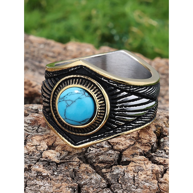 Men's Vintage Turquoise Stainless Steel Ring – Bohemian Tribal Style Statement Jewelry for Casual Wear, Music Festivals or Gifts