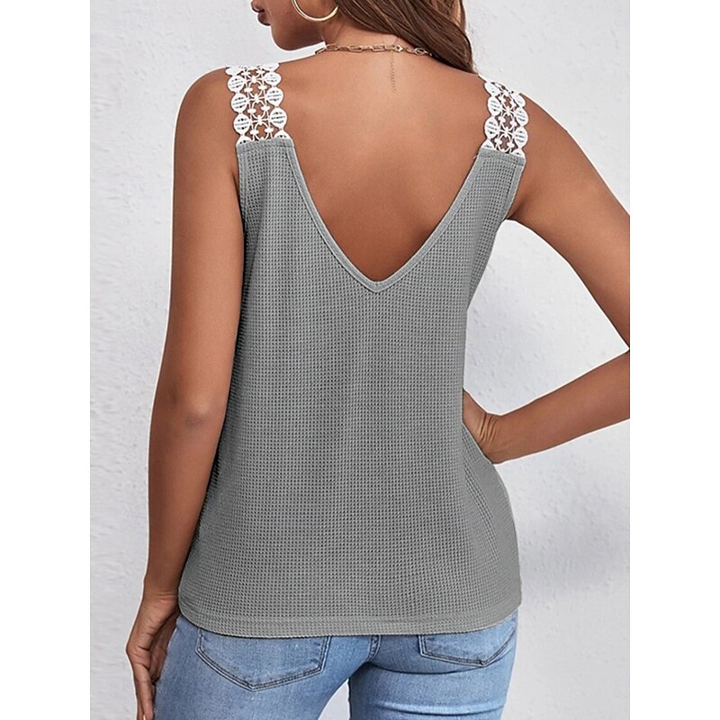 Women's Camisole Tank Top Solid Color Daily Casual Sleeveless V Neck Regular Tops Daily Lace Patchwork Black Pink Apricot Gray Summer3