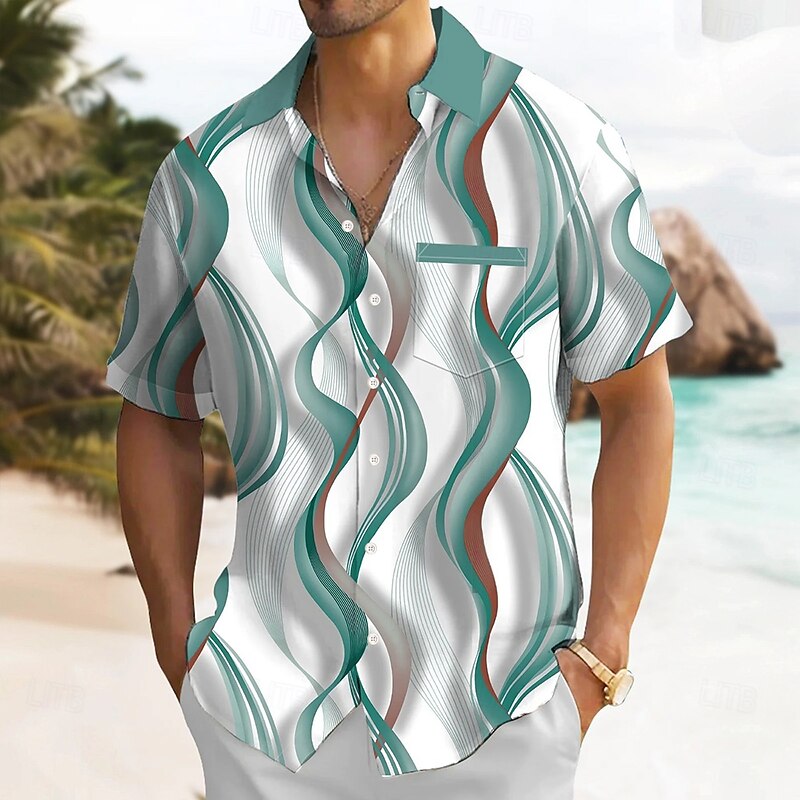 Men's Geometric Gradient Waves Shirt Summer Shirt Button Up Shirt Short Sleeve Fashion Casual Outdoor Vacation Dailywear Summer Spring Turndown 3D Print Collared Shirts Front One Pocket Blue Green3
