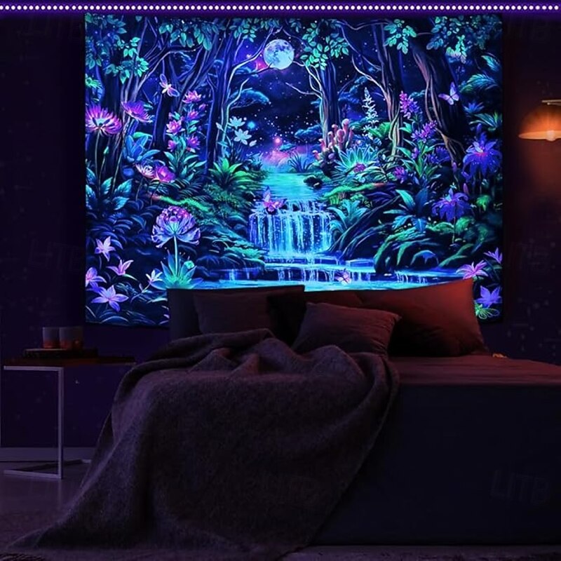 Blacklight Tapestry Glow in the Dark Glow Party UV Reactive Fantasy Forest Trippy Misty Nature Landscape Hanging Tapestry Wall Art Mural for Living Room Bedroom3