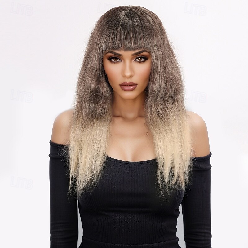 Synthetic Wig kinky Straight Natural Straight Layered Haircut With Bangs Machine Made Wig 20 inch A1 Synthetic Hair Women's Classic Comfortable Color Gradient Blonde3