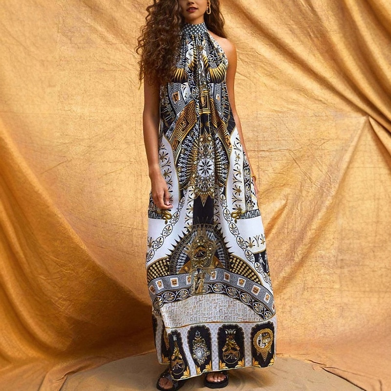 Women's Long Dress Maxi Dress Casual Dress Swing Dress Fashion Outdoor Party Holiday Regular Fit Painting Sleeveless Halter Neck White Summer2