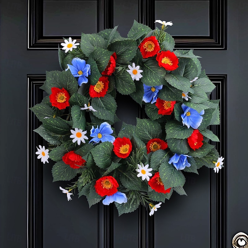 Patriotic Wreath for Front Door 4th of July Independence Day Red White and Blue Outdoor Indoor Decoration, American Flag Faux Flower Vine Ring Wall Hanging for Window, Rustic Holiday Decor