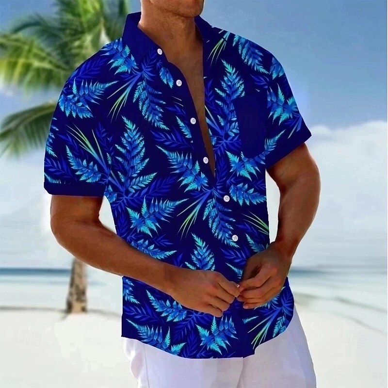 Men's Palm Leaf Tropical Plants Neon Summer Hawaiian Shirt Button Up Shirt Aloha Shirt Short Sleeve Hawaiian Holiday Beach Wear Summer Spring Turndown 3D Print Collared Shirts Front One Pocket Dark