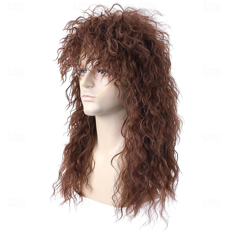 Mens Women 80s Rockstar Style Long Brown Curly Punk Rock Hair Wig Glam Rock-Rocker Wig Perfect for Halloween Cosplay DIY Themed Costume Party3